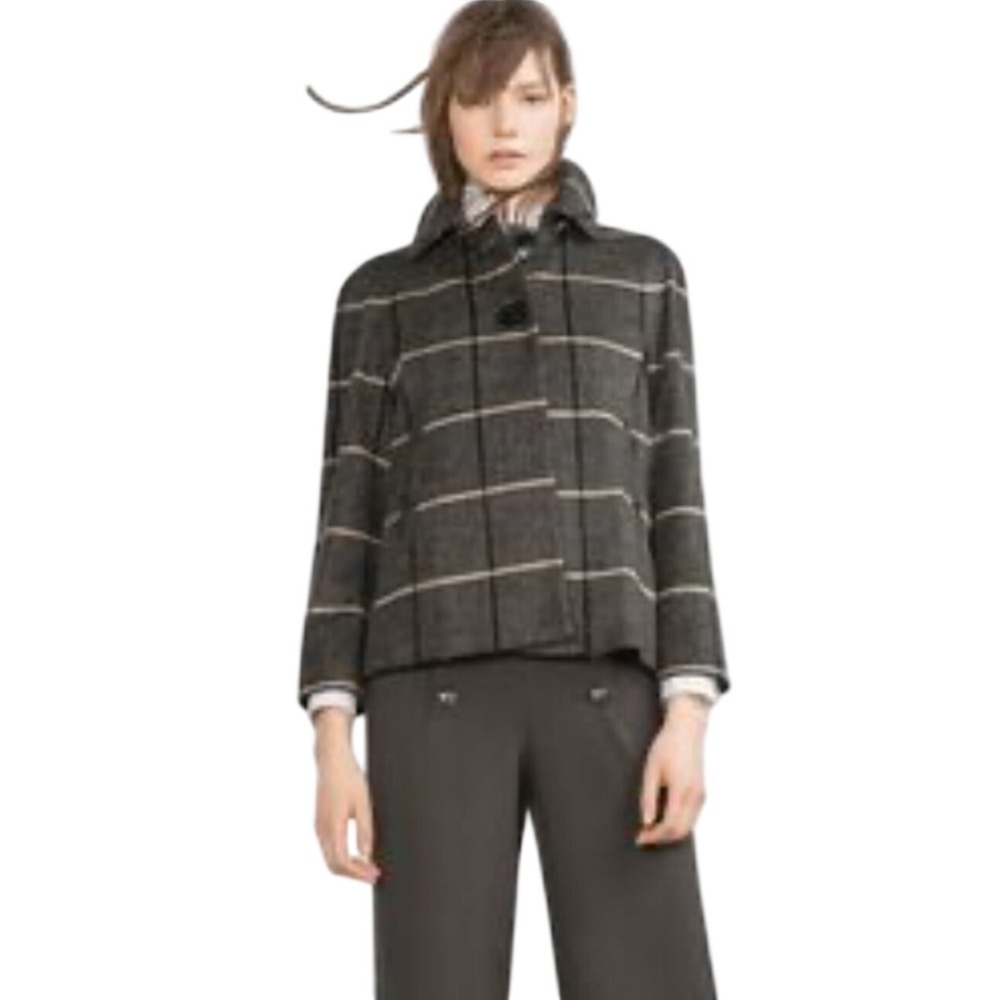 Zara Basic Plaid Wool Blend Swing Coat Grey Sz S Collared Button Front Jacket